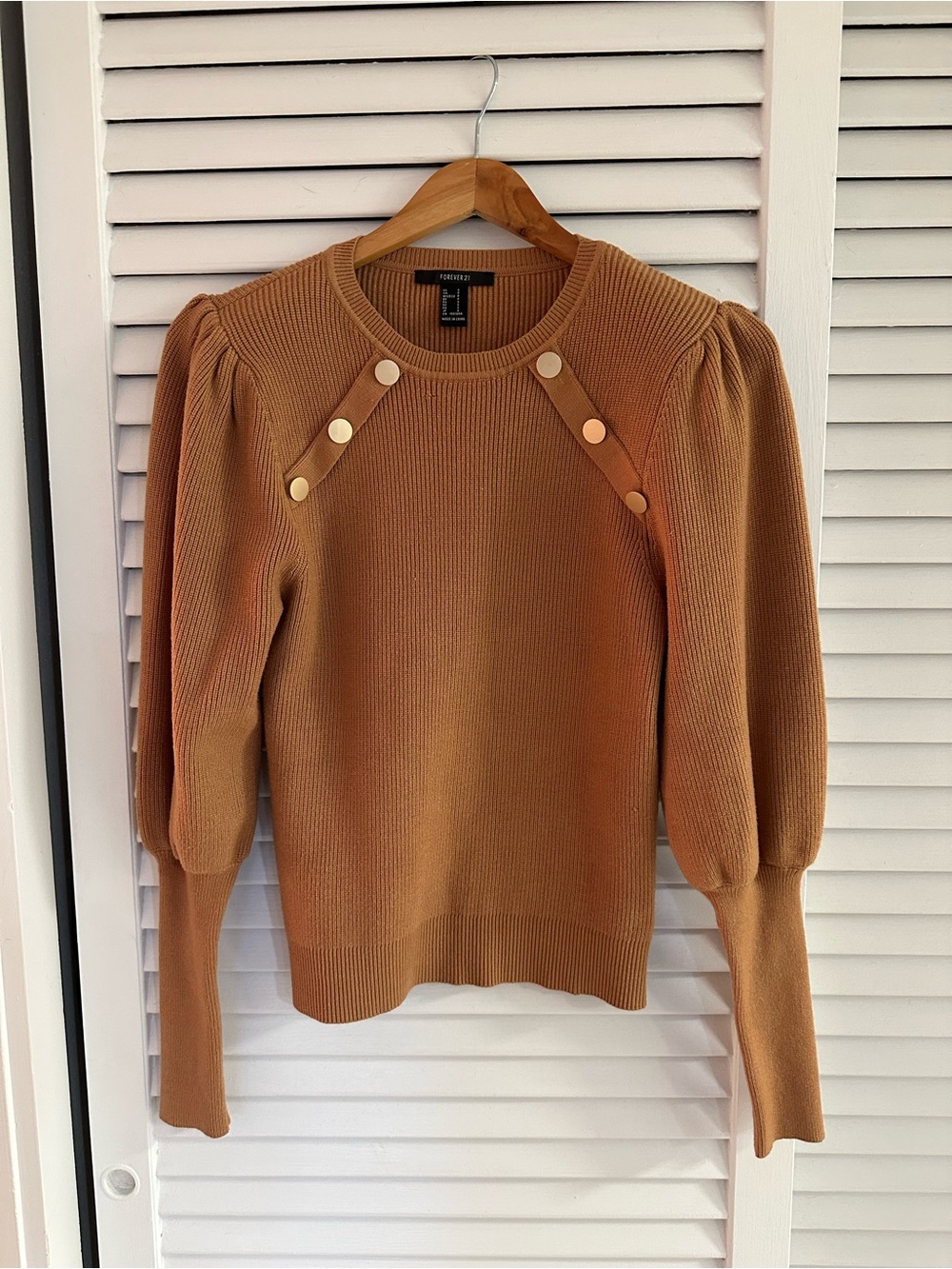 Tan Camel Color Ribbed Puff Sleeve Sweater with Gold Buttons